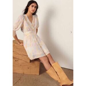 BA&SH Noam Dress Pastel Floral Short Sleeve Faux Wrap Mini Swing Dress Size M